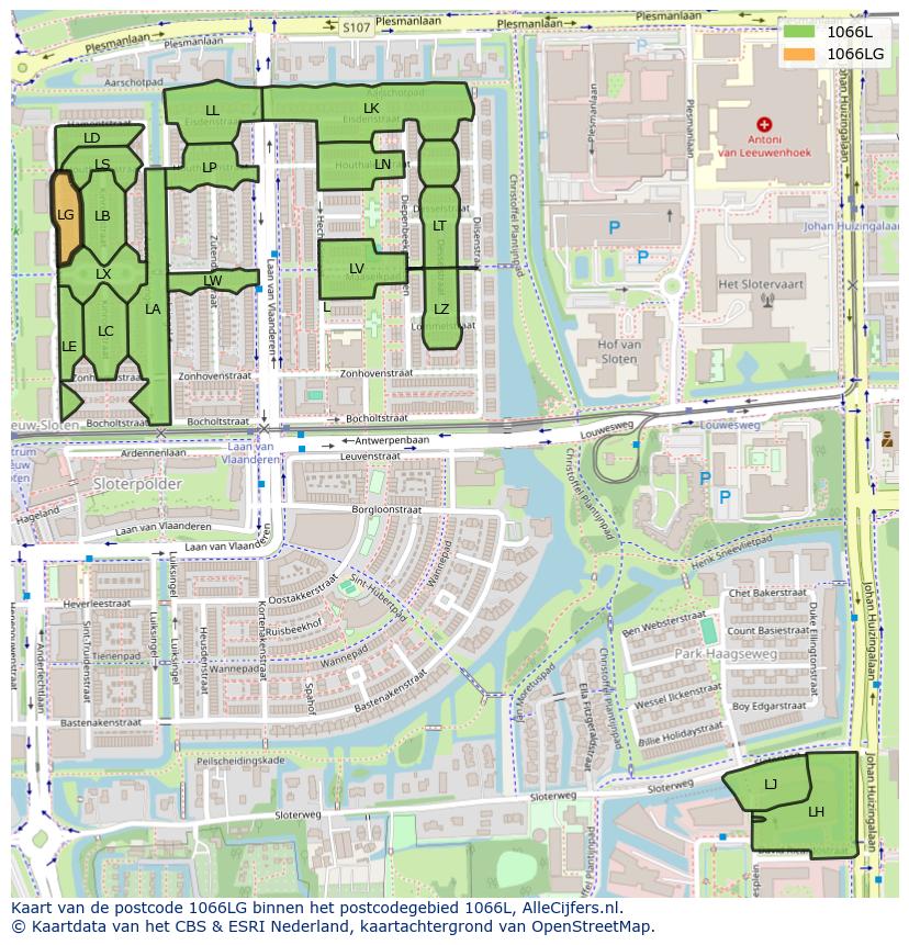 Afbeelding van het postcodegebied 1066 LG op de kaart.