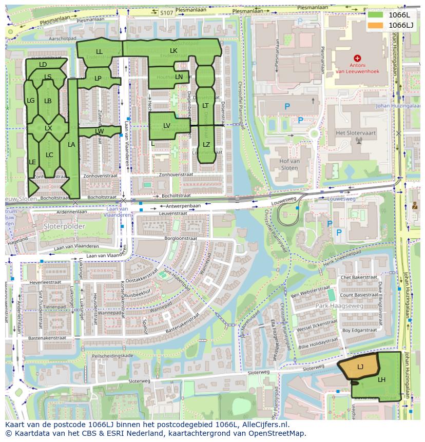Afbeelding van het postcodegebied 1066 LJ op de kaart.