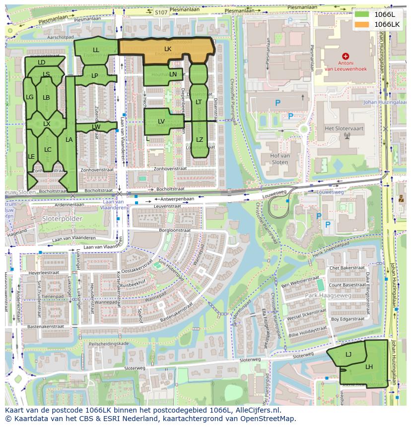Afbeelding van het postcodegebied 1066 LK op de kaart.