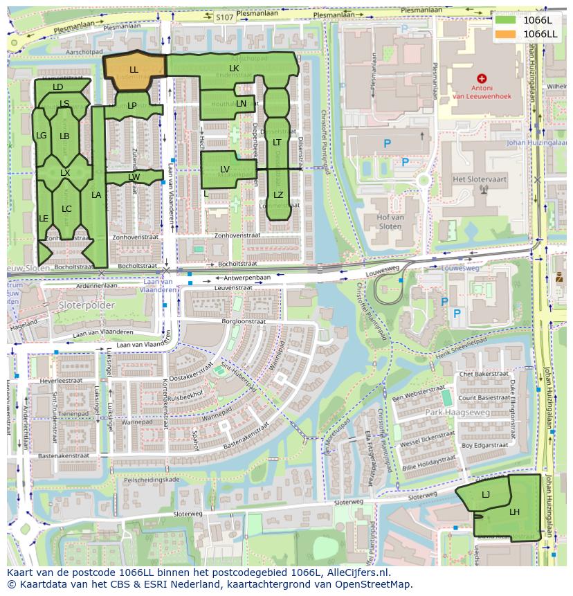 Afbeelding van het postcodegebied 1066 LL op de kaart.