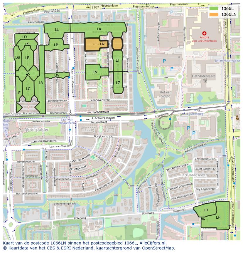 Afbeelding van het postcodegebied 1066 LN op de kaart.