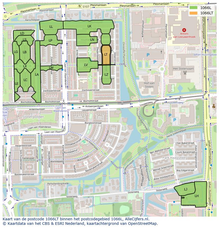 Afbeelding van het postcodegebied 1066 LT op de kaart.