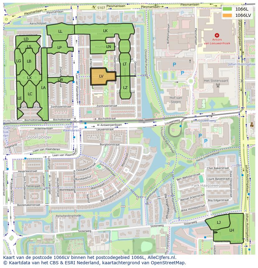 Afbeelding van het postcodegebied 1066 LV op de kaart.