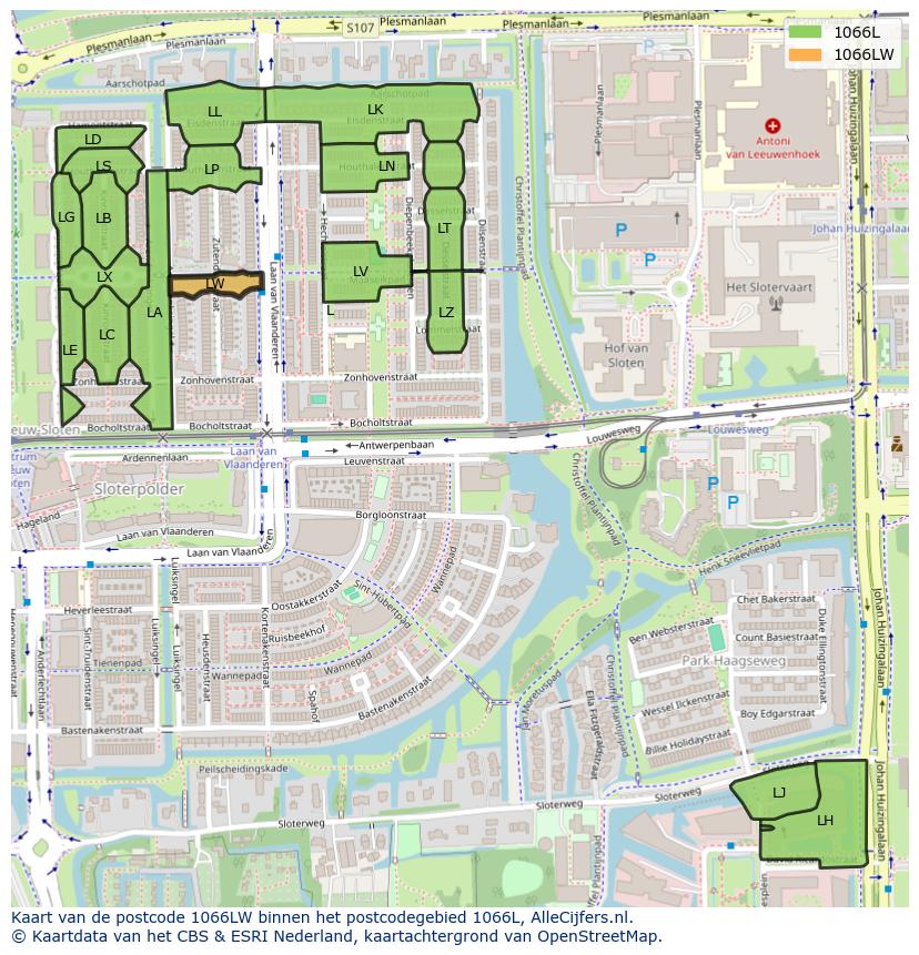 Afbeelding van het postcodegebied 1066 LW op de kaart.