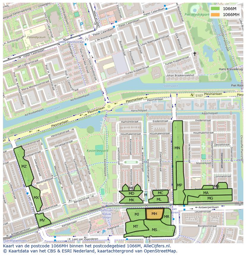 Afbeelding van het postcodegebied 1066 MH op de kaart.