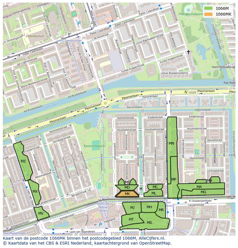 Afbeelding van het postcodegebied 1066 MK op de kaart.