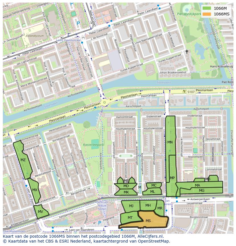 Afbeelding van het postcodegebied 1066 MS op de kaart.