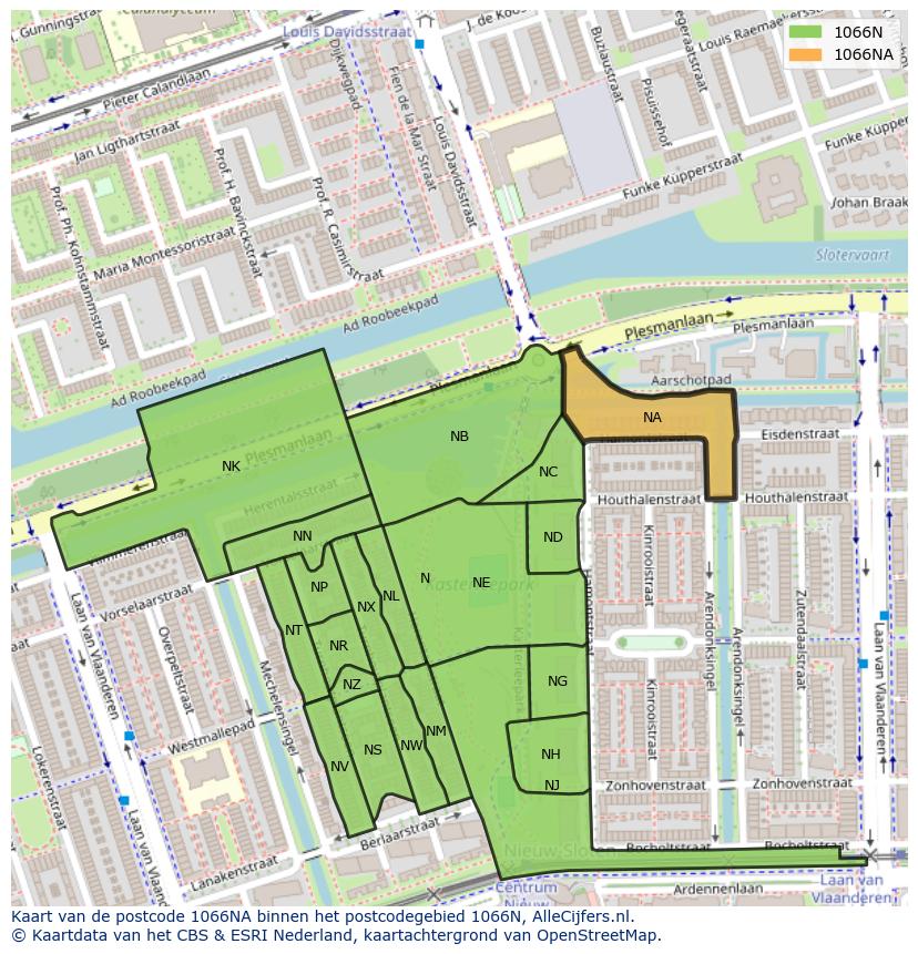 Afbeelding van het postcodegebied 1066 NA op de kaart.