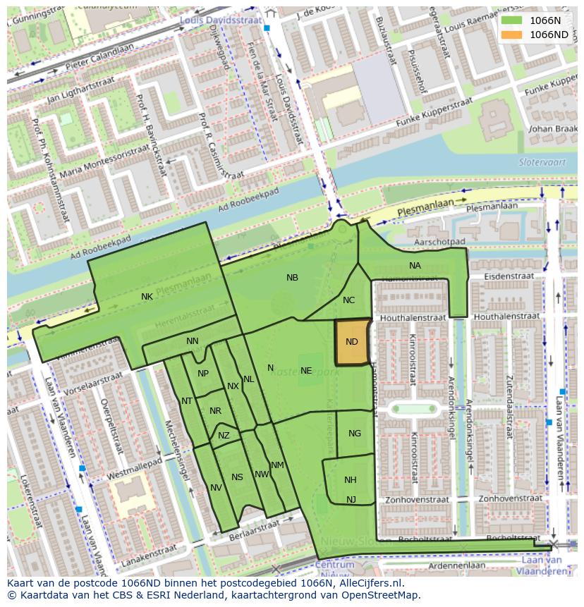 Afbeelding van het postcodegebied 1066 ND op de kaart.