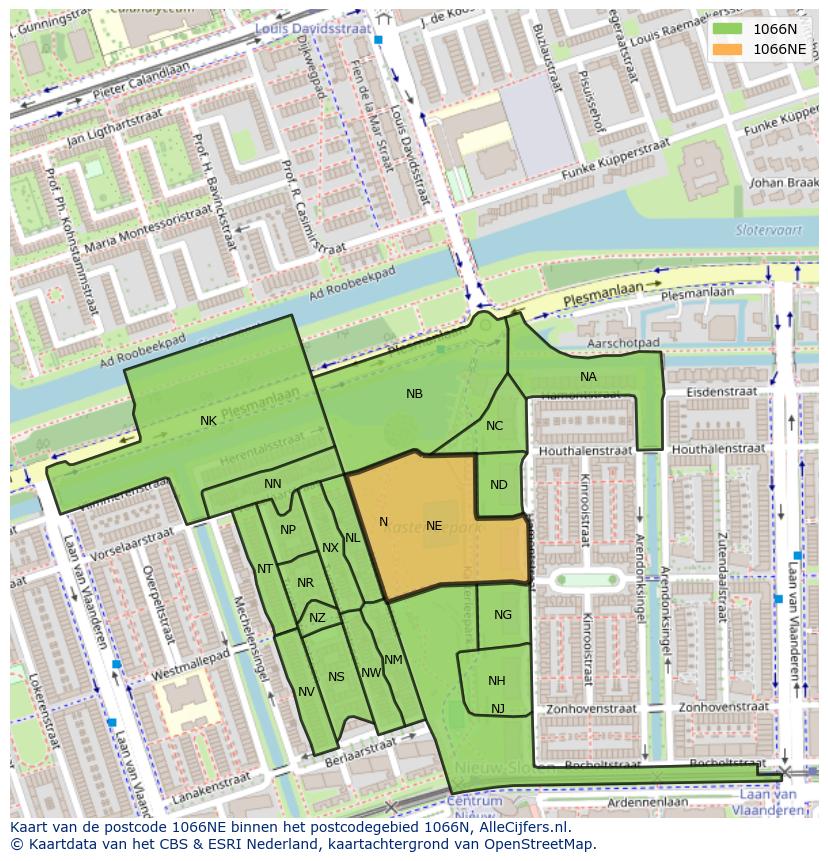 Afbeelding van het postcodegebied 1066 NE op de kaart.
