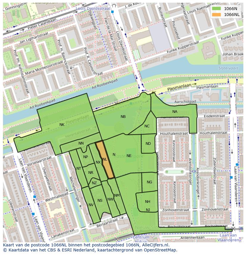 Afbeelding van het postcodegebied 1066 NL op de kaart.