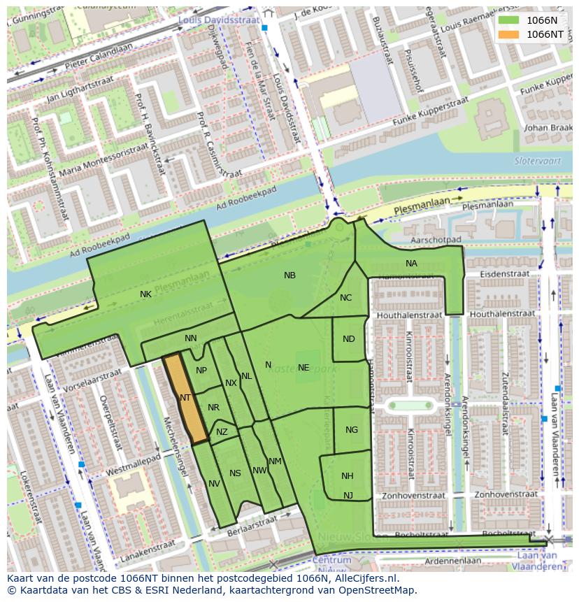 Afbeelding van het postcodegebied 1066 NT op de kaart.