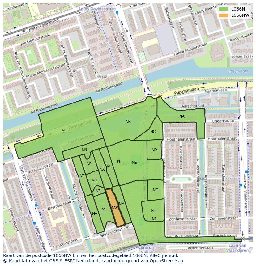 Afbeelding van het postcodegebied 1066 NW op de kaart.