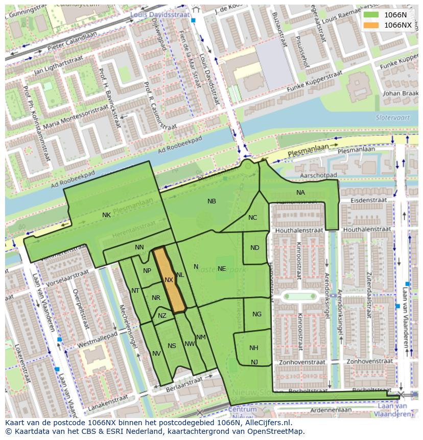 Afbeelding van het postcodegebied 1066 NX op de kaart.
