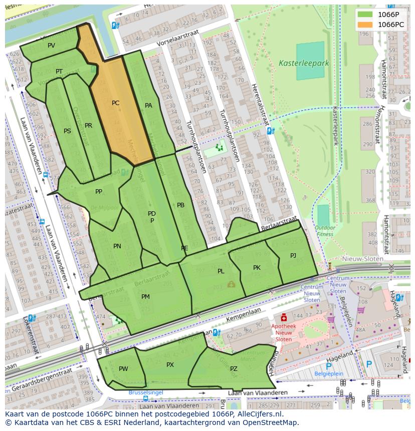 Afbeelding van het postcodegebied 1066 PC op de kaart.