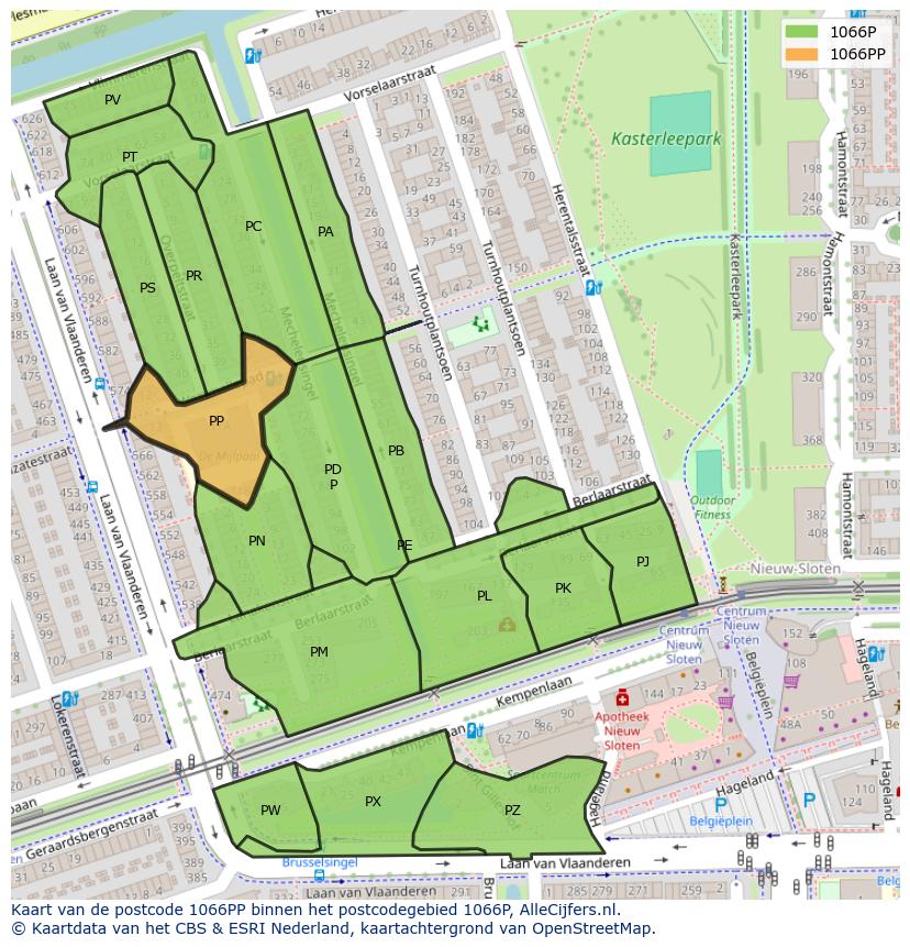 Afbeelding van het postcodegebied 1066 PP op de kaart.
