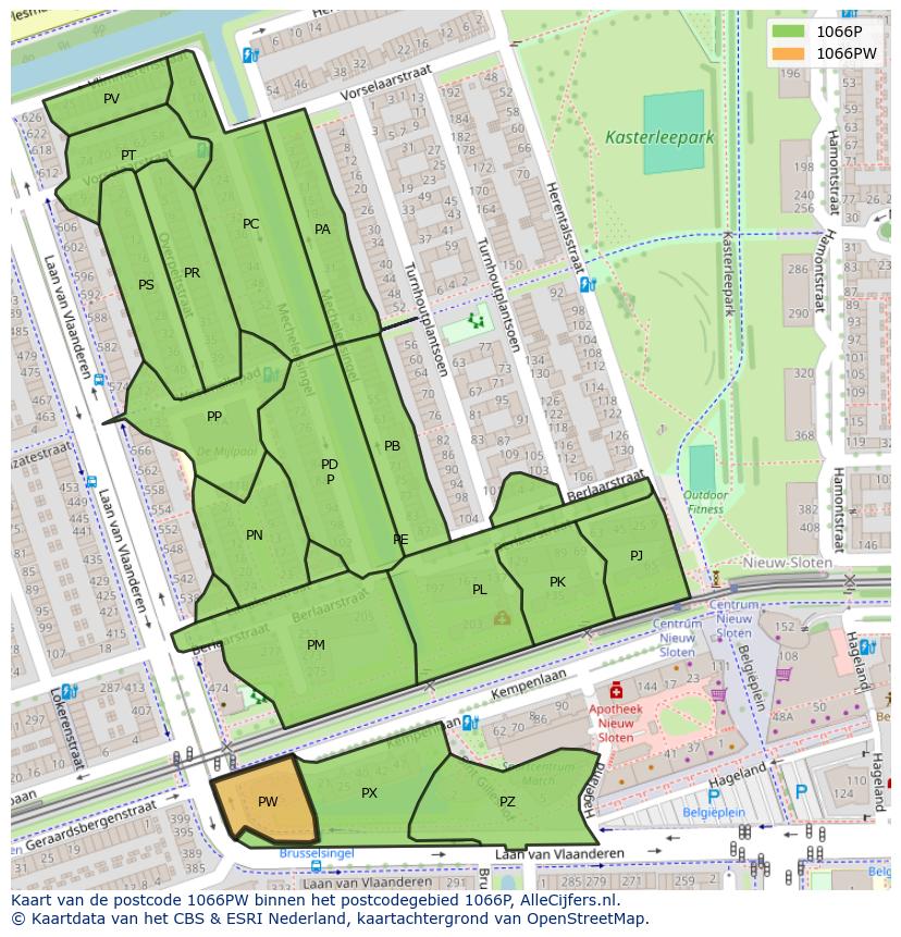 Afbeelding van het postcodegebied 1066 PW op de kaart.