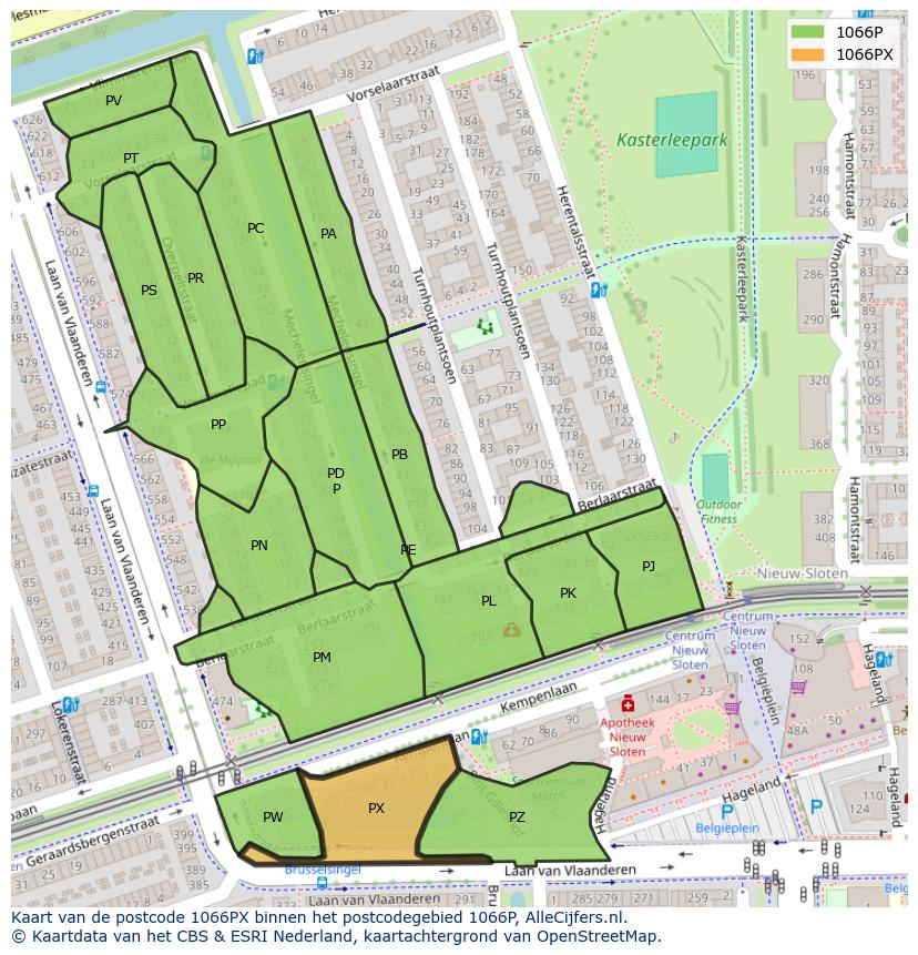 Afbeelding van het postcodegebied 1066 PX op de kaart.