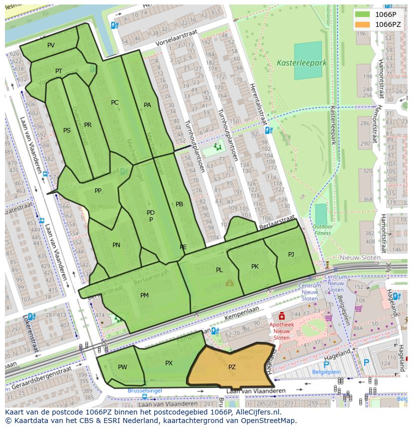 Afbeelding van het postcodegebied 1066 PZ op de kaart.