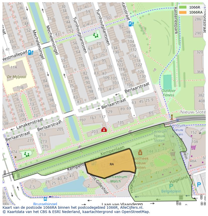 Afbeelding van het postcodegebied 1066 RA op de kaart.