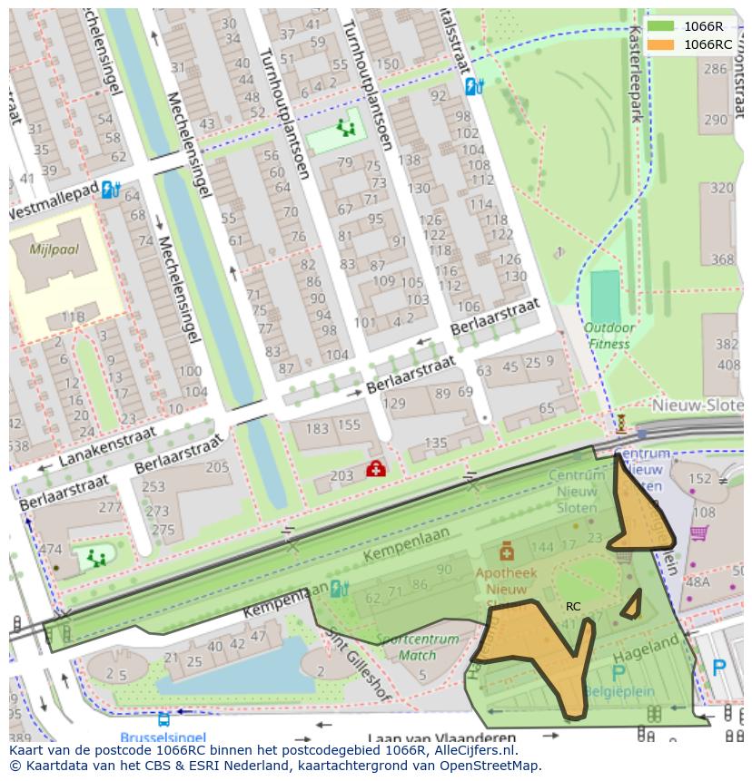 Afbeelding van het postcodegebied 1066 RC op de kaart.