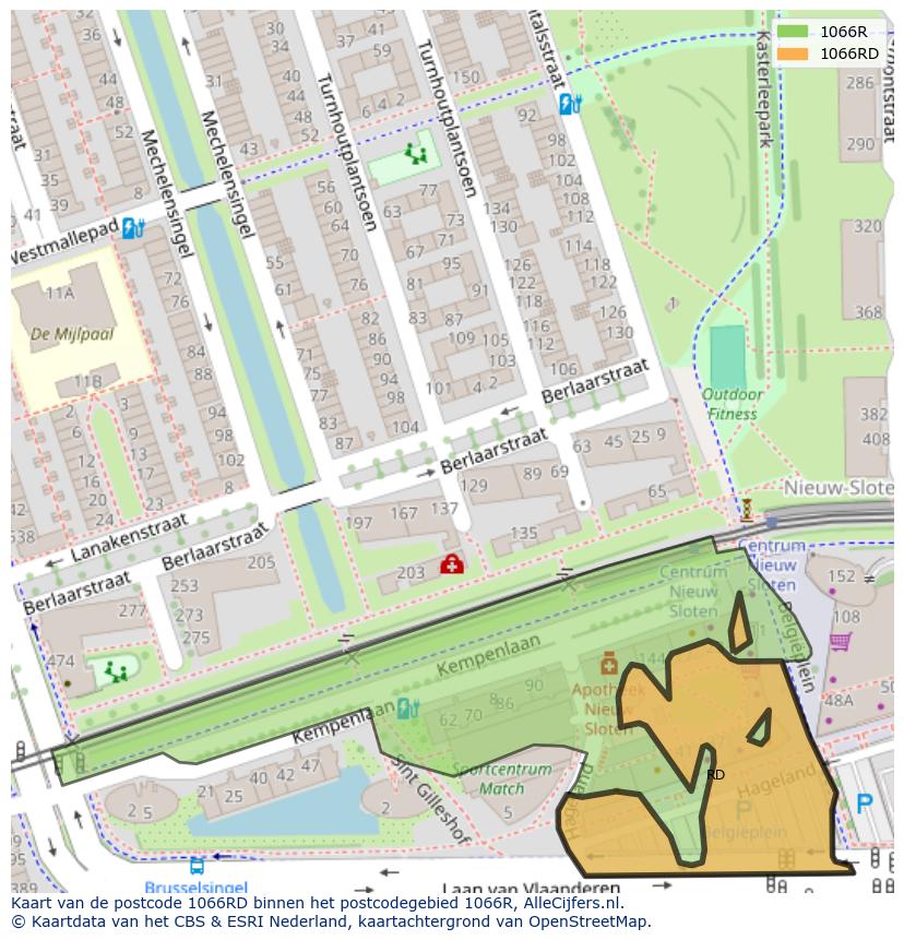 Afbeelding van het postcodegebied 1066 RD op de kaart.