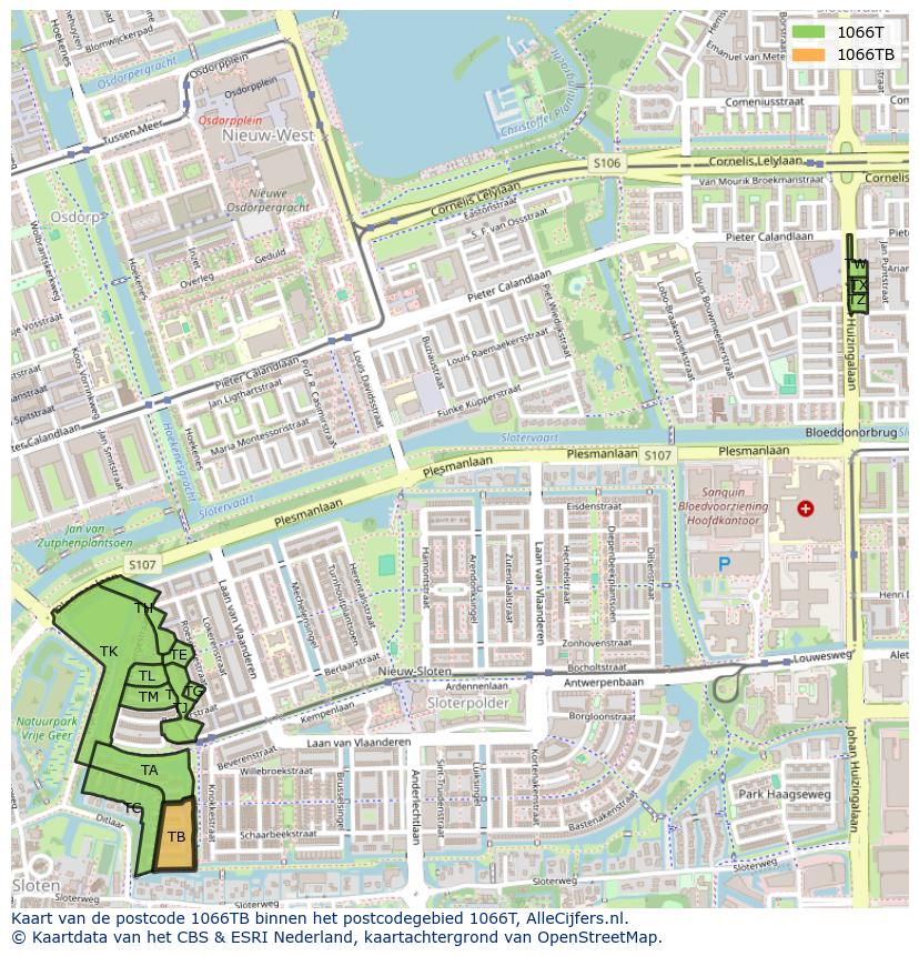 Afbeelding van het postcodegebied 1066 TB op de kaart.
