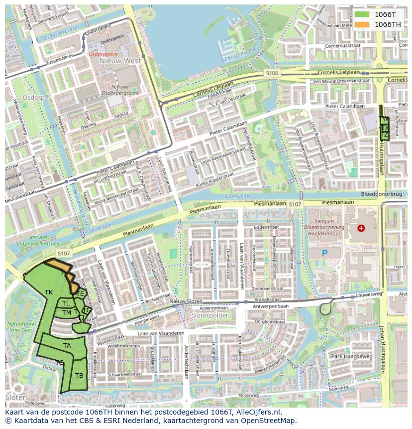 Afbeelding van het postcodegebied 1066 TH op de kaart.