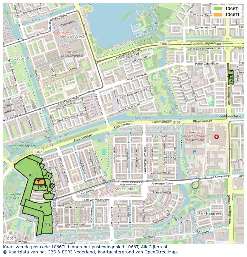 Afbeelding van het postcodegebied 1066 TL op de kaart.