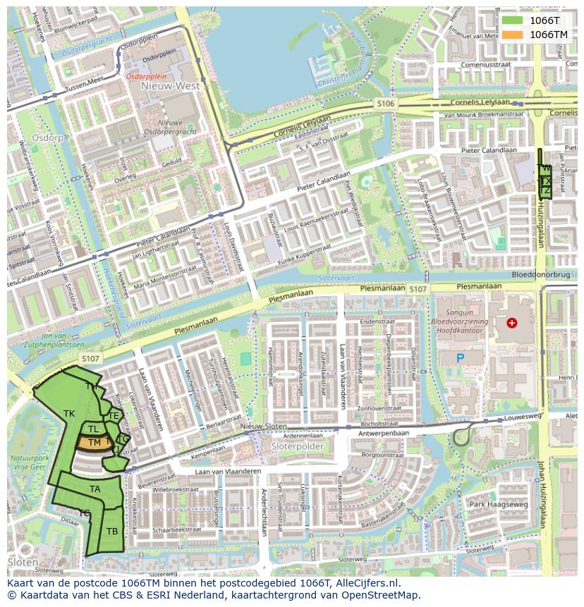 Afbeelding van het postcodegebied 1066 TM op de kaart.
