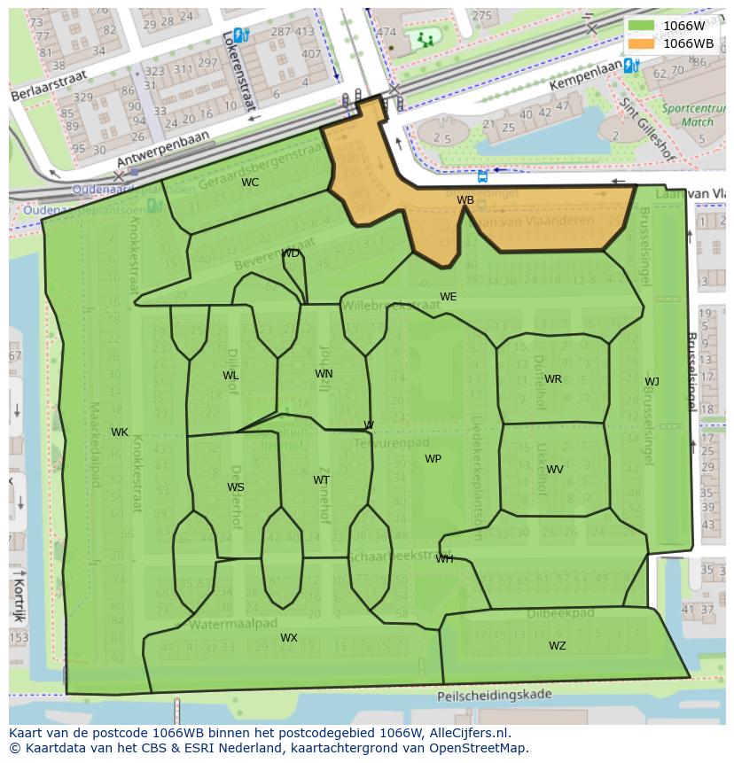 Afbeelding van het postcodegebied 1066 WB op de kaart.