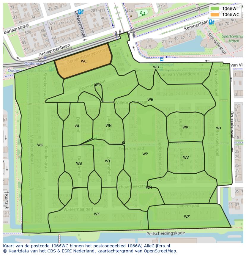 Afbeelding van het postcodegebied 1066 WC op de kaart.