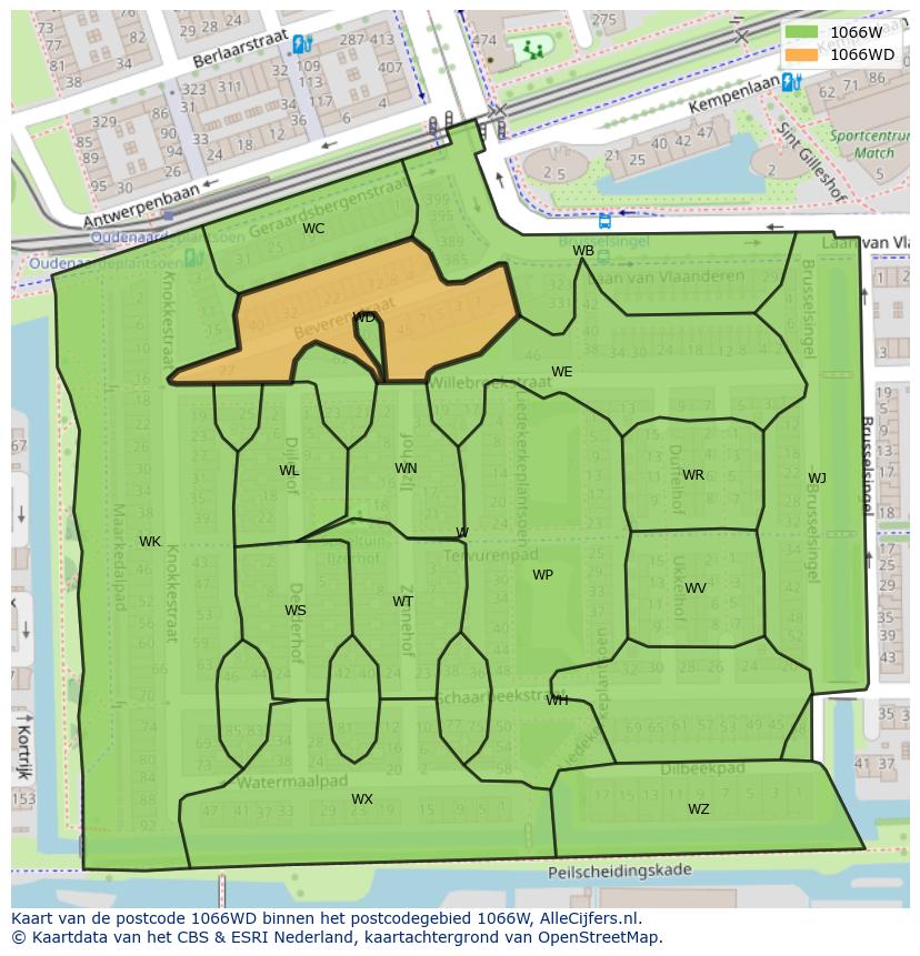 Afbeelding van het postcodegebied 1066 WD op de kaart.