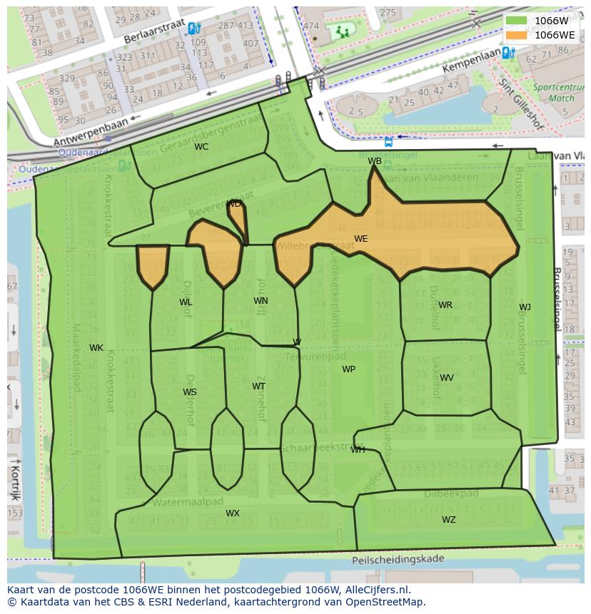 Afbeelding van het postcodegebied 1066 WE op de kaart.