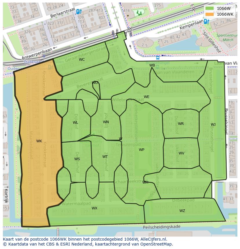 Afbeelding van het postcodegebied 1066 WK op de kaart.