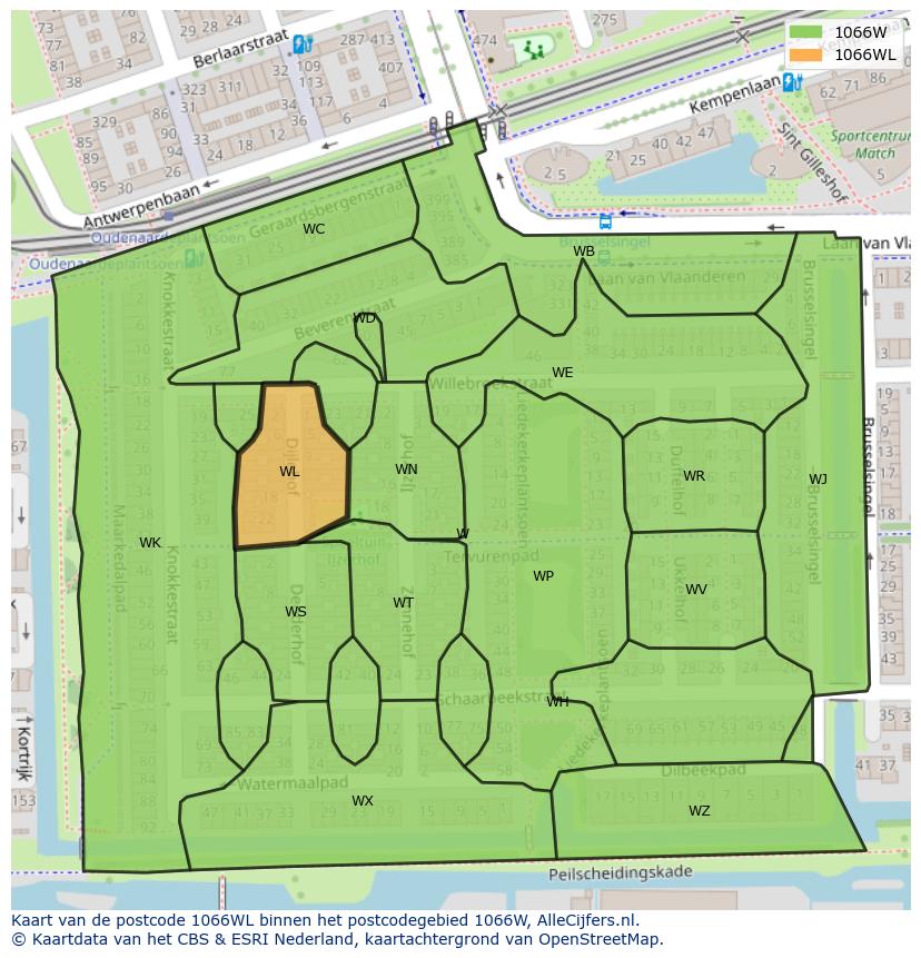 Afbeelding van het postcodegebied 1066 WL op de kaart.