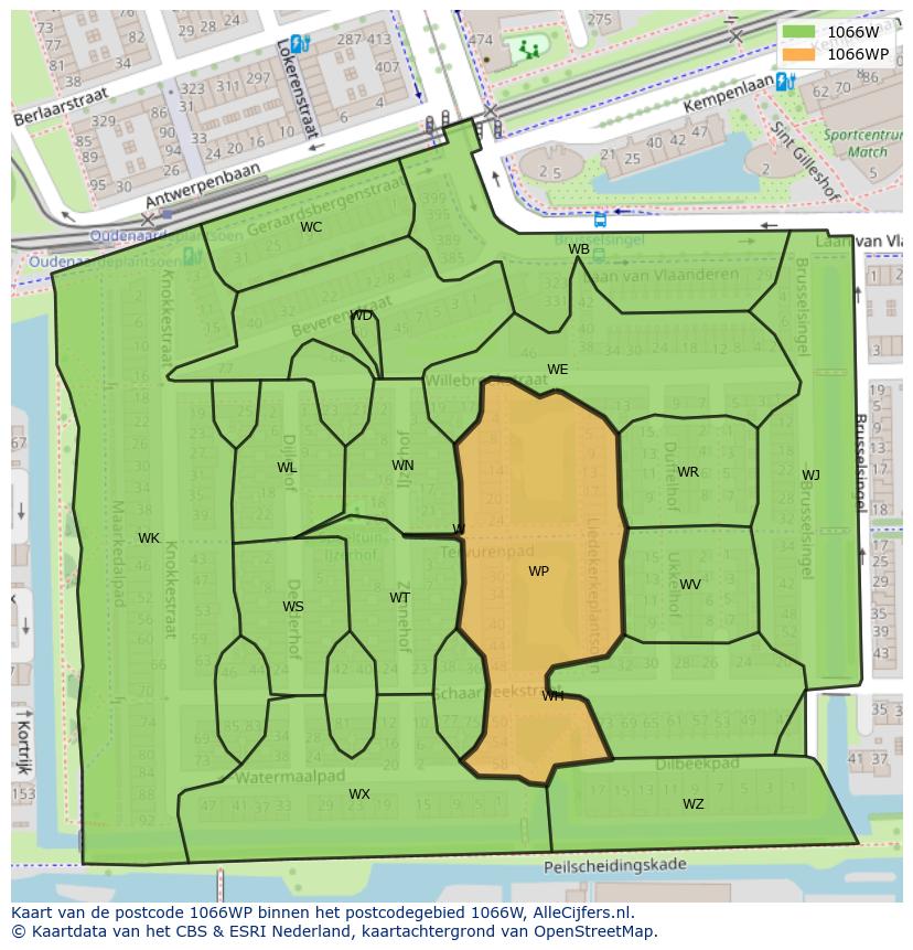 Afbeelding van het postcodegebied 1066 WP op de kaart.