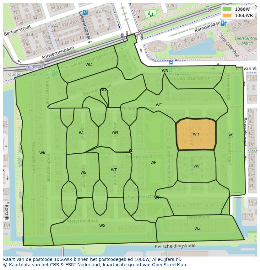 Afbeelding van het postcodegebied 1066 WR op de kaart.