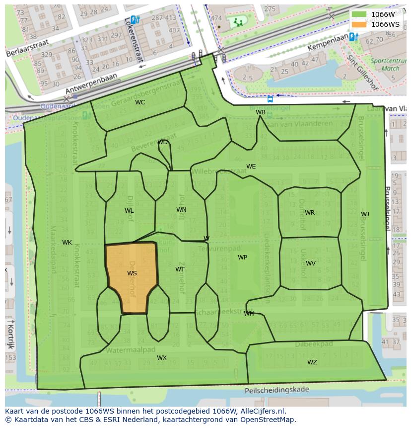 Afbeelding van het postcodegebied 1066 WS op de kaart.