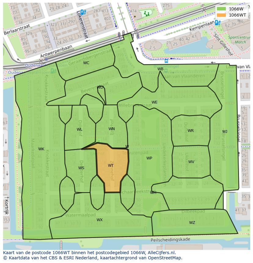 Afbeelding van het postcodegebied 1066 WT op de kaart.