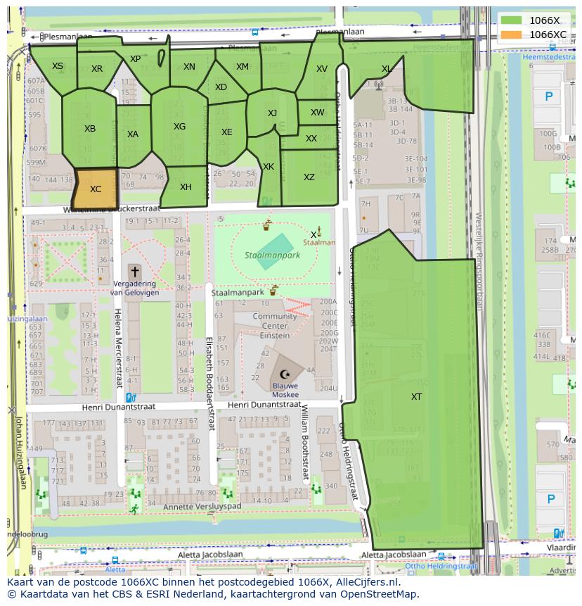 Afbeelding van het postcodegebied 1066 XC op de kaart.