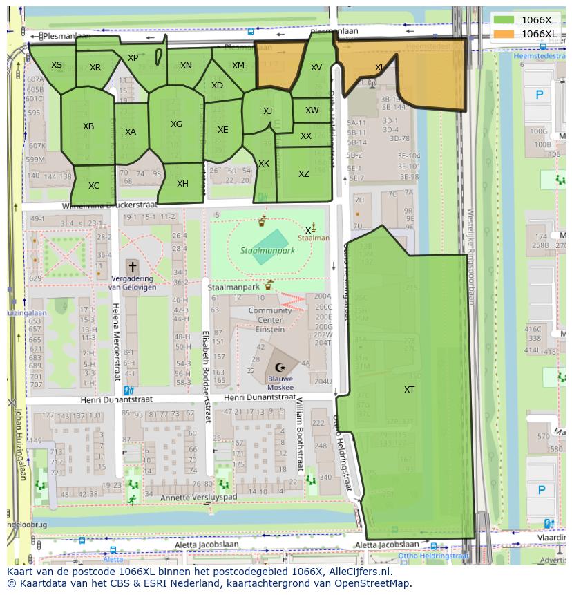 Afbeelding van het postcodegebied 1066 XL op de kaart.