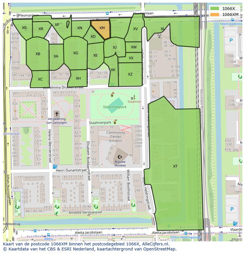 Afbeelding van het postcodegebied 1066 XM op de kaart.
