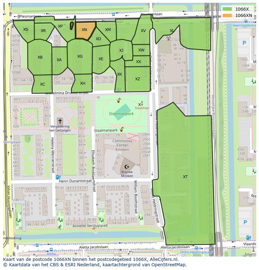 Afbeelding van het postcodegebied 1066 XN op de kaart.