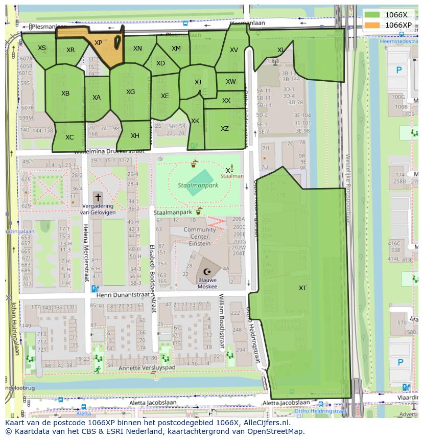 Afbeelding van het postcodegebied 1066 XP op de kaart.