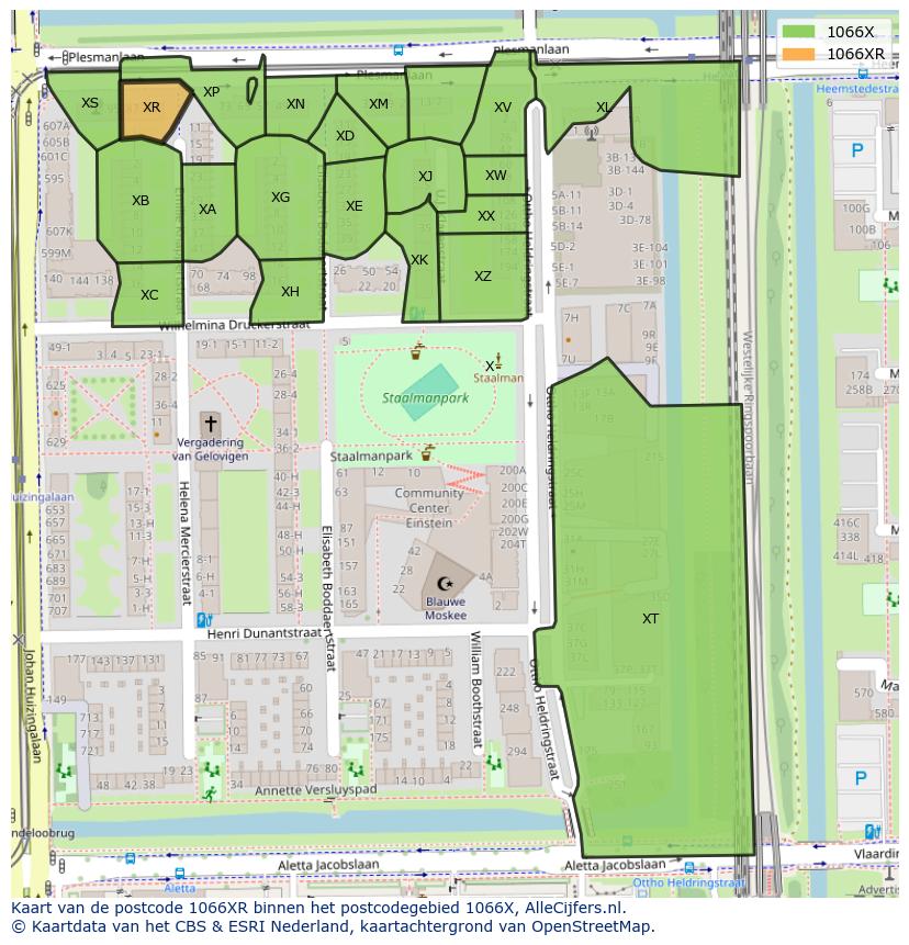 Afbeelding van het postcodegebied 1066 XR op de kaart.