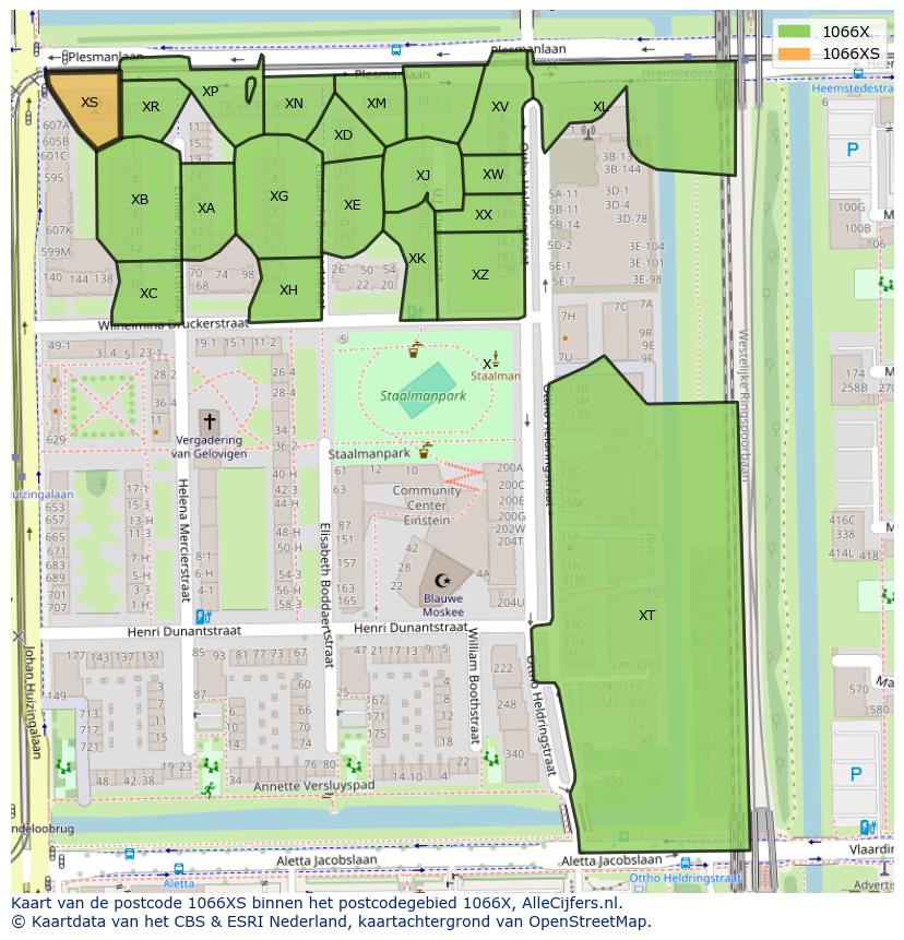 Afbeelding van het postcodegebied 1066 XS op de kaart.