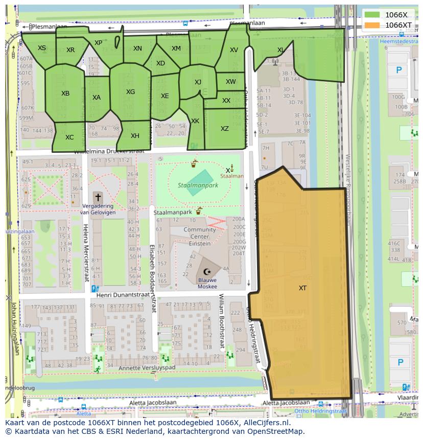 Afbeelding van het postcodegebied 1066 XT op de kaart.