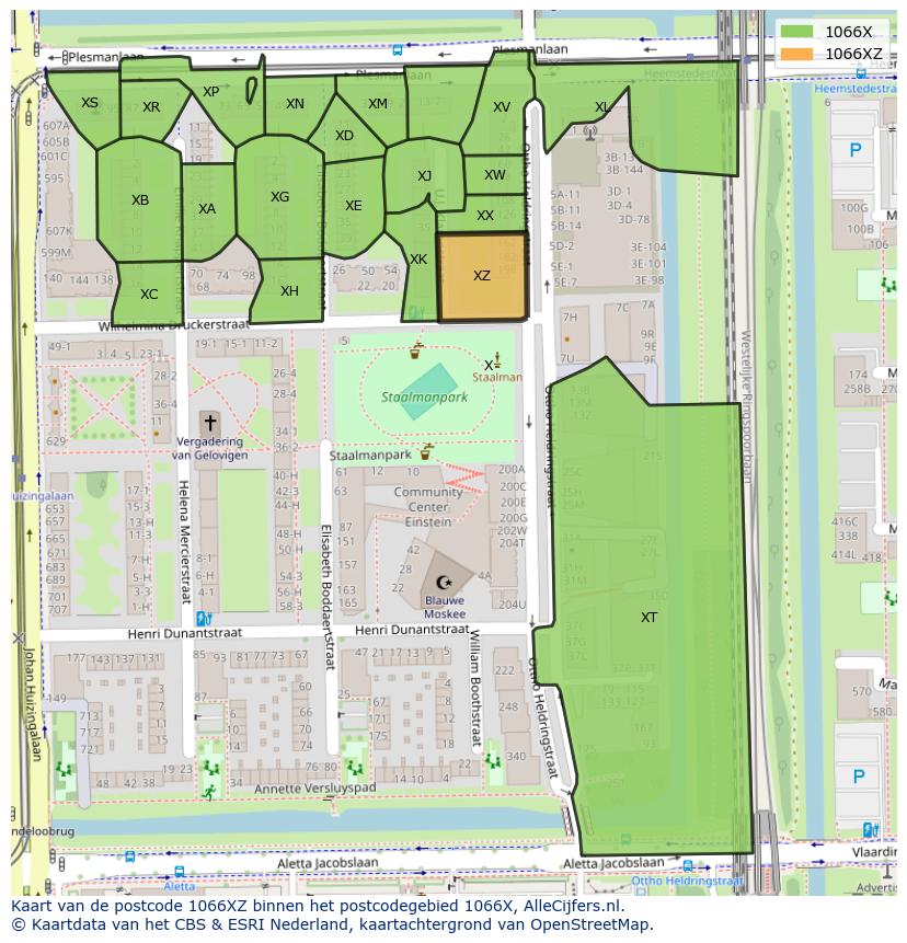 Afbeelding van het postcodegebied 1066 XZ op de kaart.