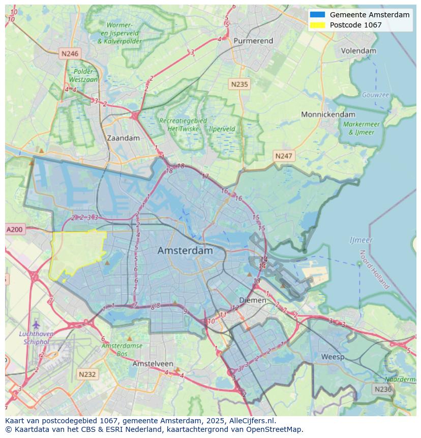 Afbeelding van het postcodegebied 1067 op de kaart.
